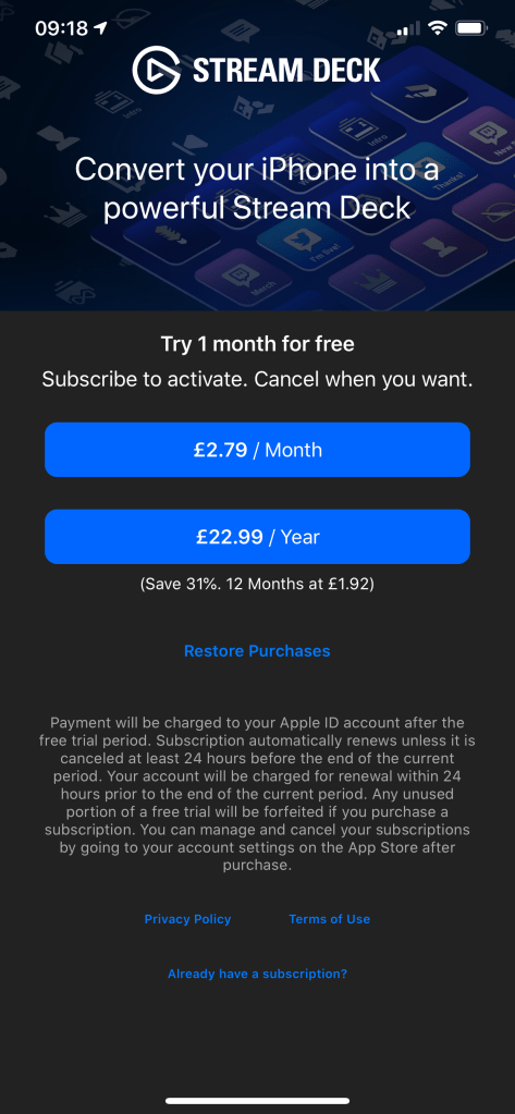 Stream Deck subscription screen on iOS