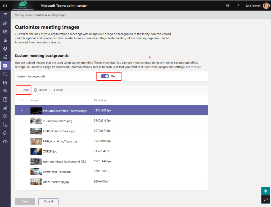 Image showing the customize meeting images screen to illustrate position of the Custom backgrounds on toggle and add button.