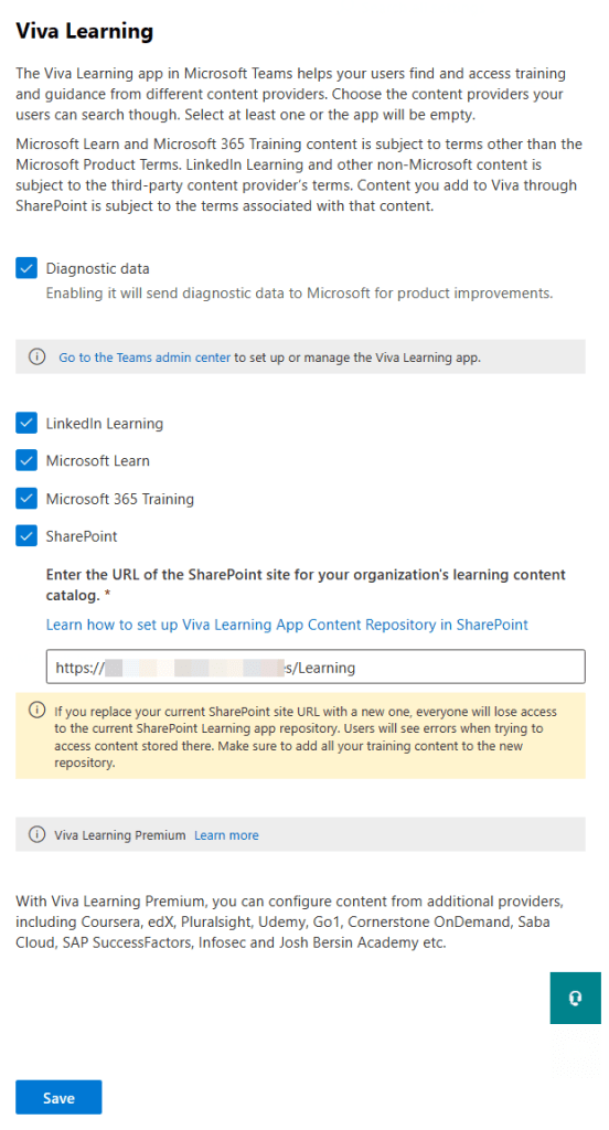 Viva Learning settings interface with all options ticked and SharePoint URL entered