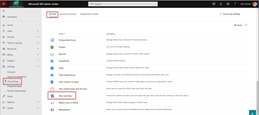 M365 Admin Center highlighting navigation links to access Viva Learning settings