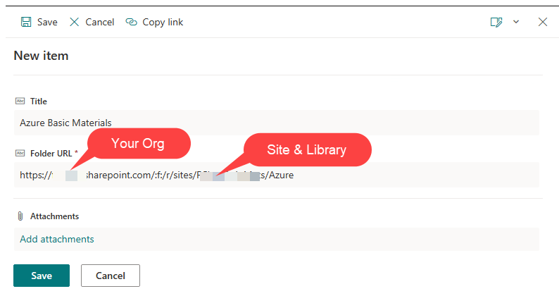create new item dialog in the content list showing title and folder url