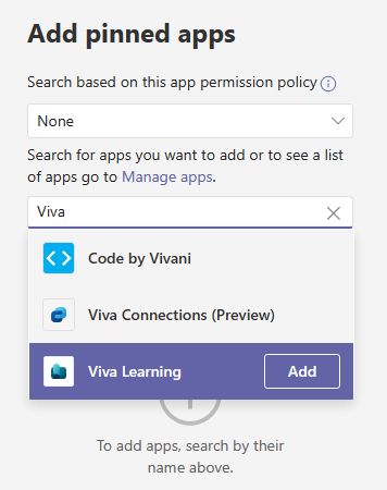 Add pinned apps blade with Viva Learning located in the app search box to show the Add button