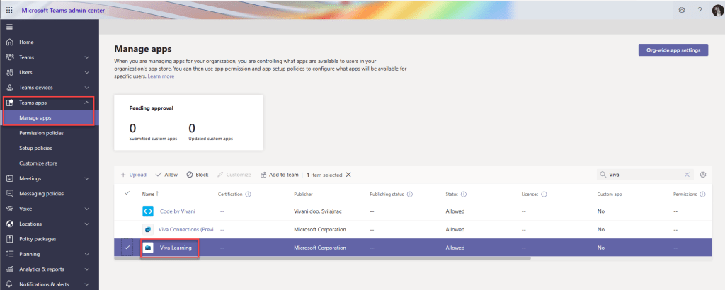 Teams admin center showing navigation as to Viva Learning app under Manage Apps 