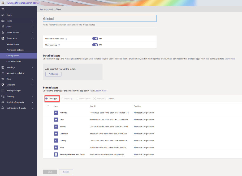 App set up policy with the add apps button highlighted to show position on page
