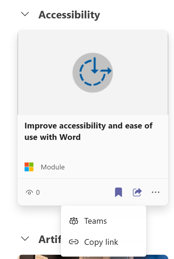 course card on home page with share button selected showing Teams and copy link options available