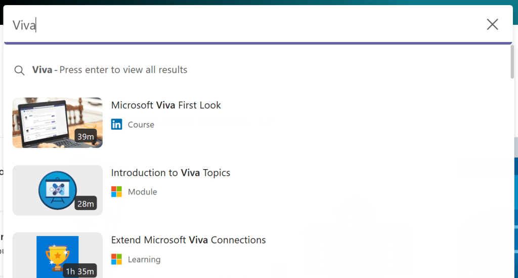 Search box with Viva as search tern and results from LinkedIn, Microsoft Learn and Microsoft Learning sources