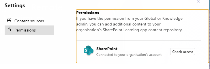 Permissions screen in the settings menu showing SharePoint with check access button