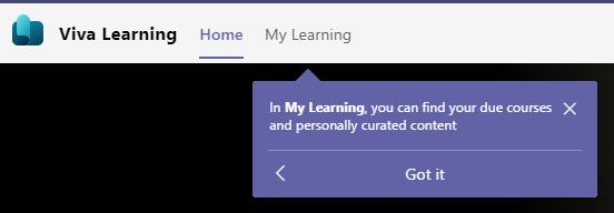 My Learning page tool tip "In My Learning you can find your due courses and personally curated content"