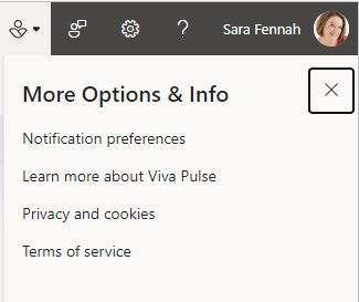 Screenshot of the Viva Pulse menu options. The options are Notification preferences, Learn more about Viva Pulse, Privacy and cookies, Terms of service.