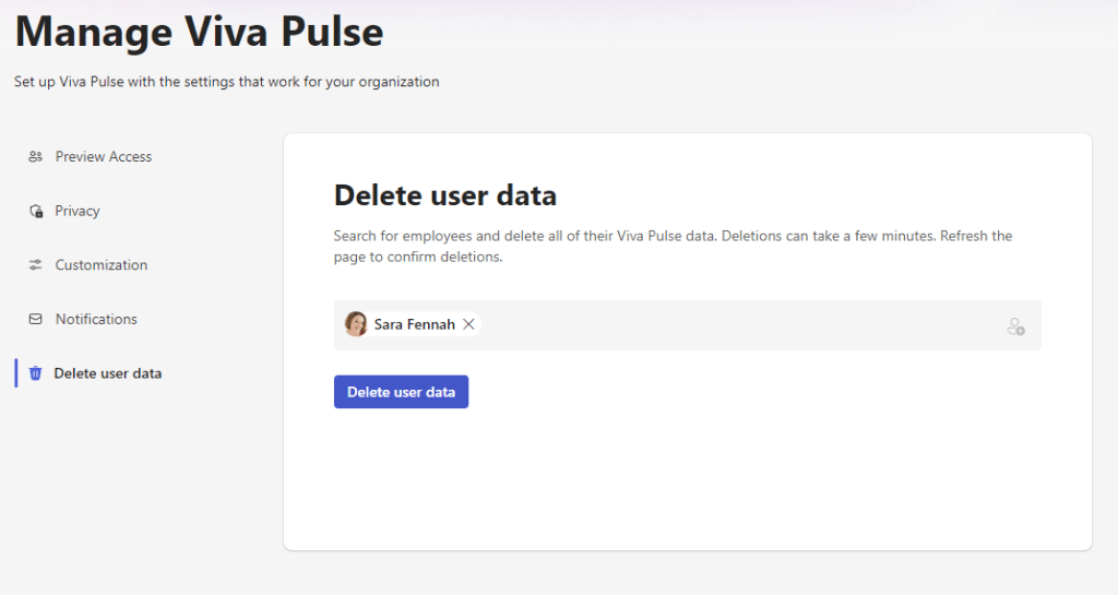 Screenshot of the delete user data options described in the text. Showing one user name entered with the Delete user data button available.