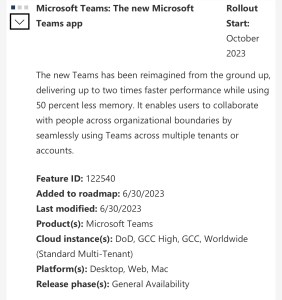 Microsoft 365 roadmap post announcing rollout of new Teams from September 2023