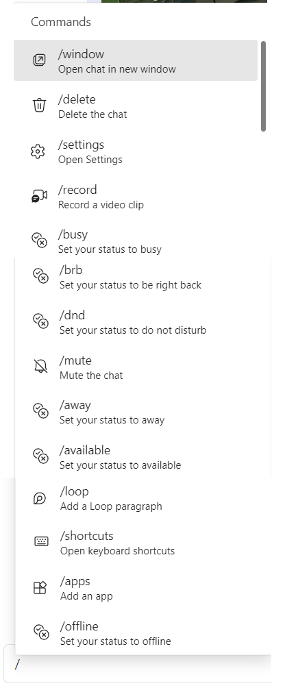 Screen shot of the actions in the message compose bar including opening chat in a new window, setting status and muting the chat, plus more.