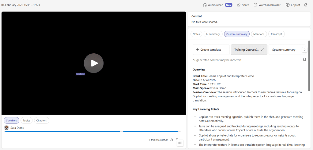 Meeting recap screen showing an example custom summary